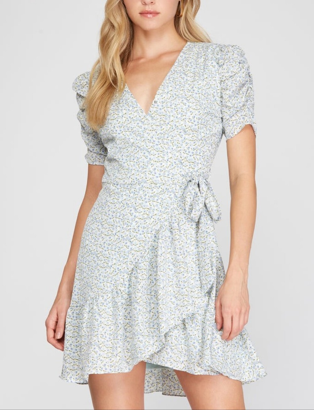 She + Sky Light Blue Floral Wrap Mini Dress